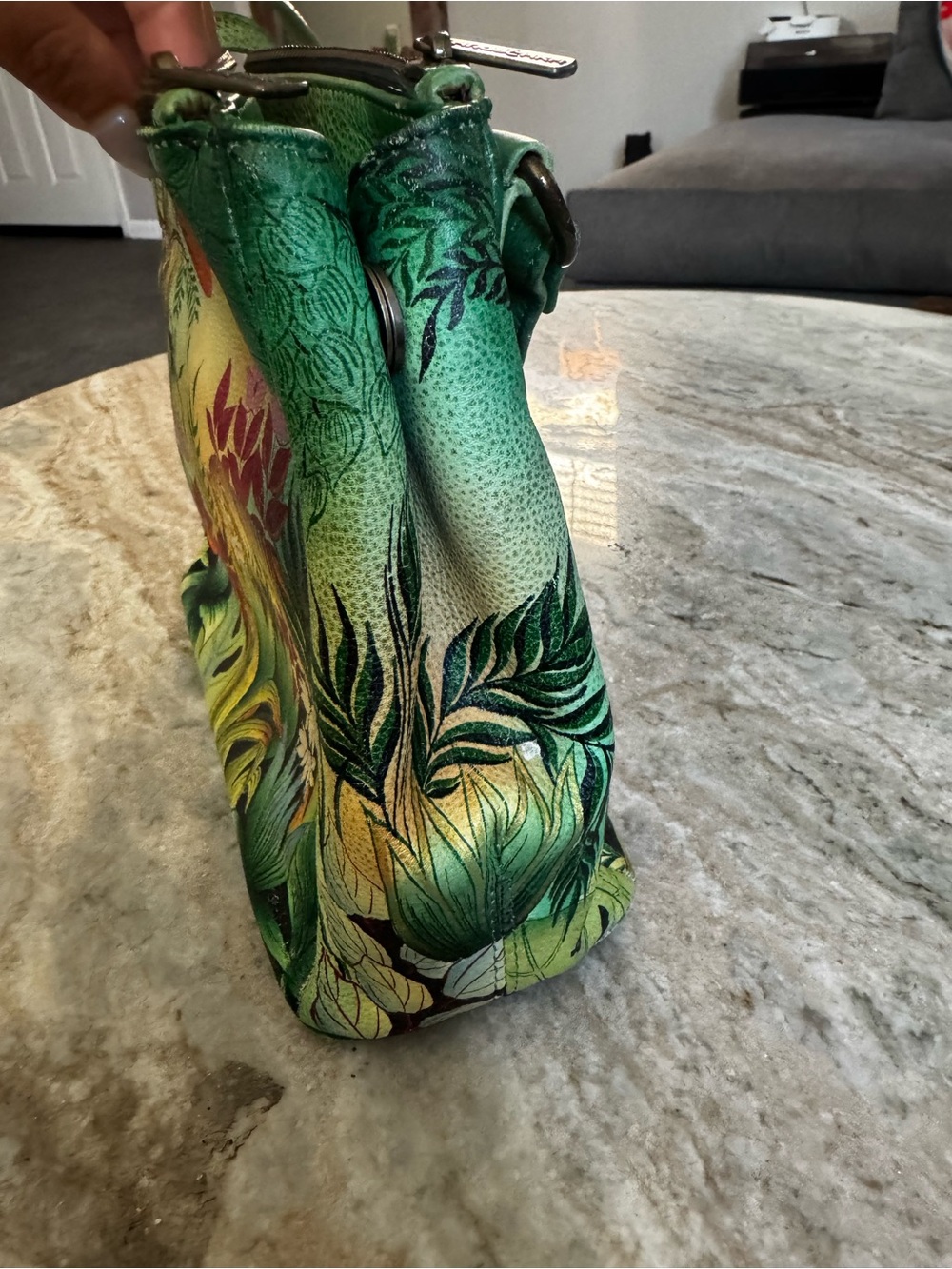 Anuschka Hand-Painted Jungle Print Green Wristlet Pouch - Picture 4 of 11